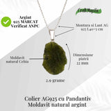 Colier Argint 925 cu Moldavit natural brut 2.9 g - o piatra a schimbarii blande si a claritatii interioare