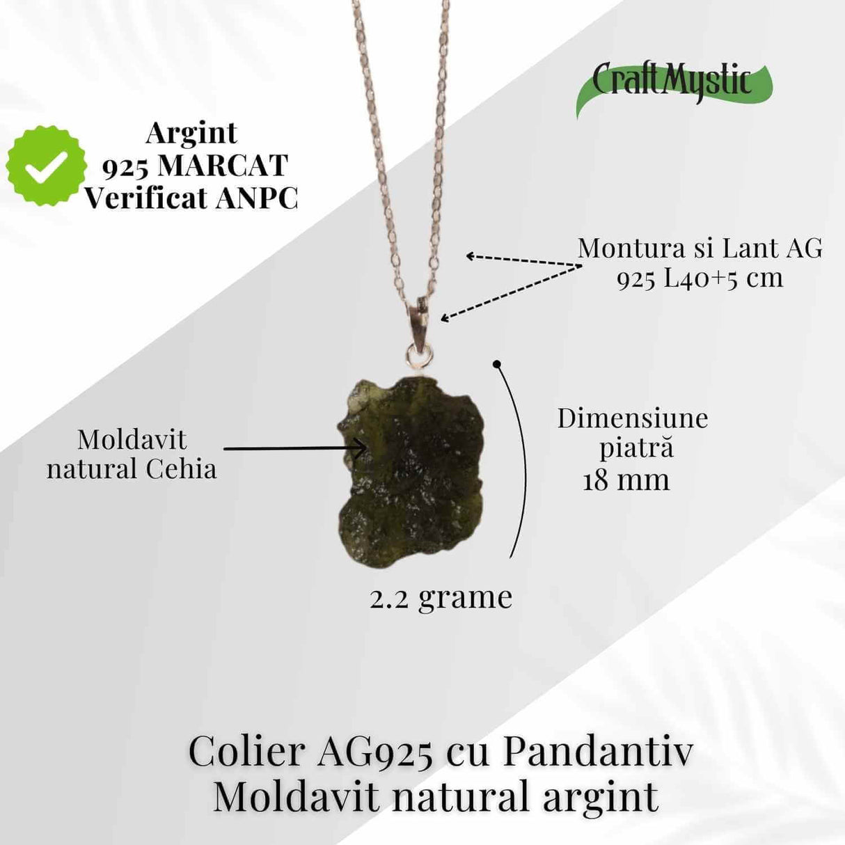 Colier Argint 925 cu Moldavit natural brut 2.2 g -sprijin discret pentru reflecție si calm