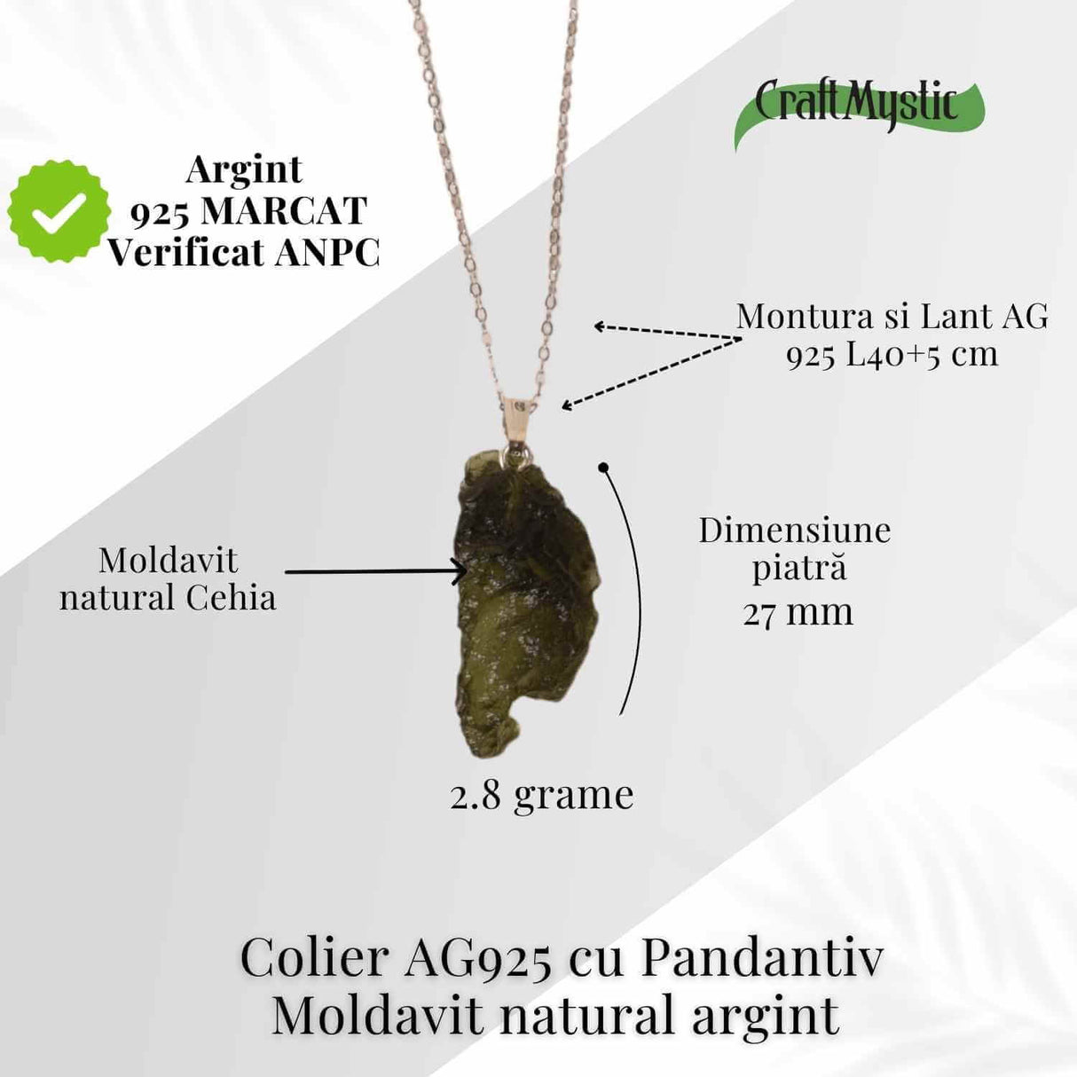Colier Argint 925 cu Moldavit natural brut 2.8 g - simbol al schimbarii asumate si al echilibrului