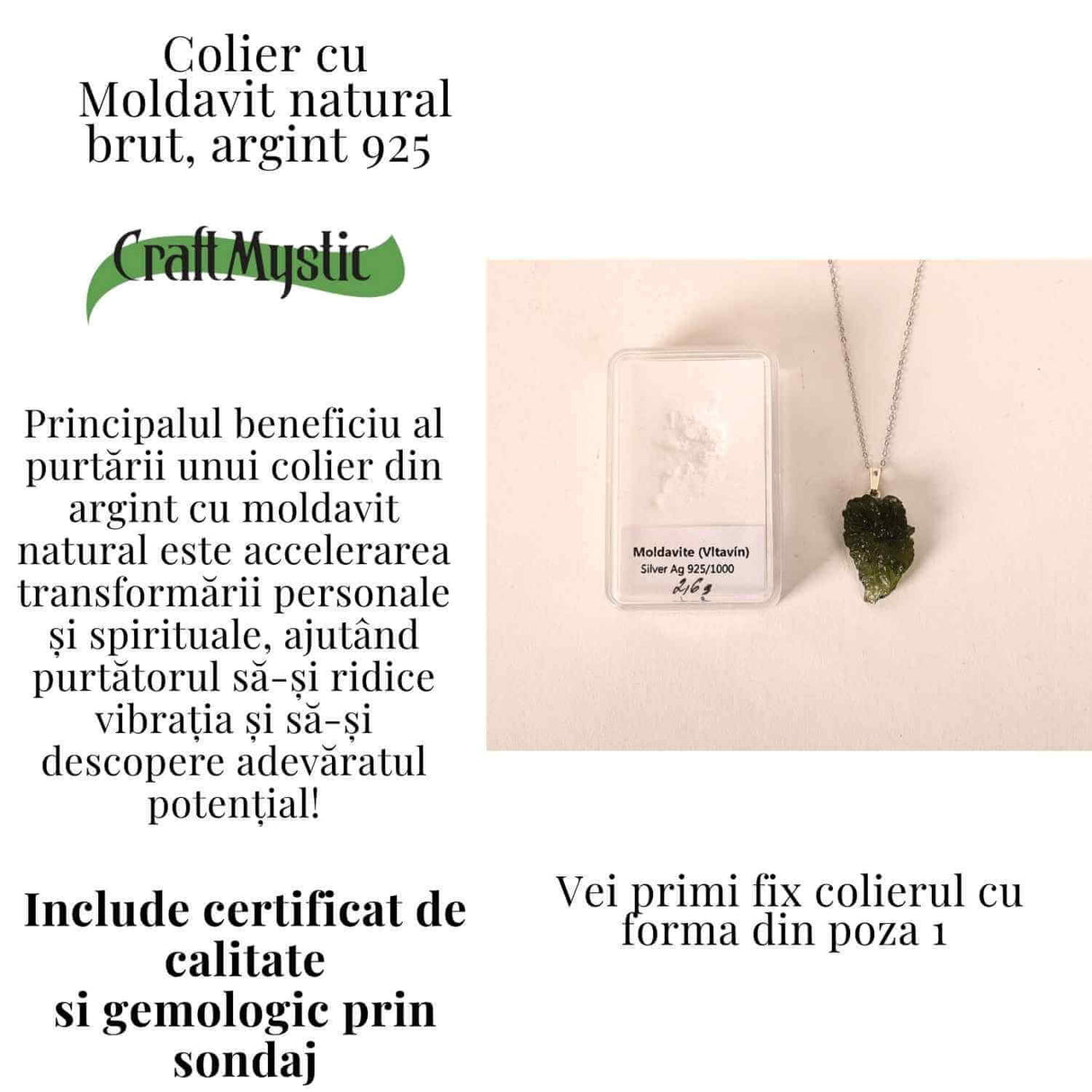Colier Argint 925 cu Moldavit natural brut 2.6 g - sustinere simbolica pentru schimbare si introspectie