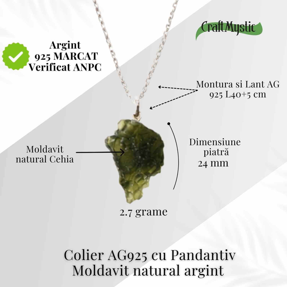 Colier Argint 925 cu Moldavit natural brut 2.7 g - laritate interioara pentru momente de transformare constienta