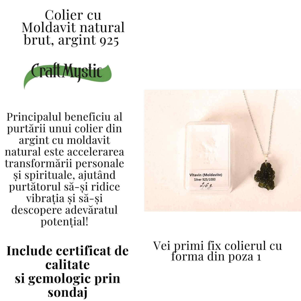 Colier Argint 925 cu Moldavit natural brut 2.6 g - o piatra a schimbarii blande si a claritatii interioare