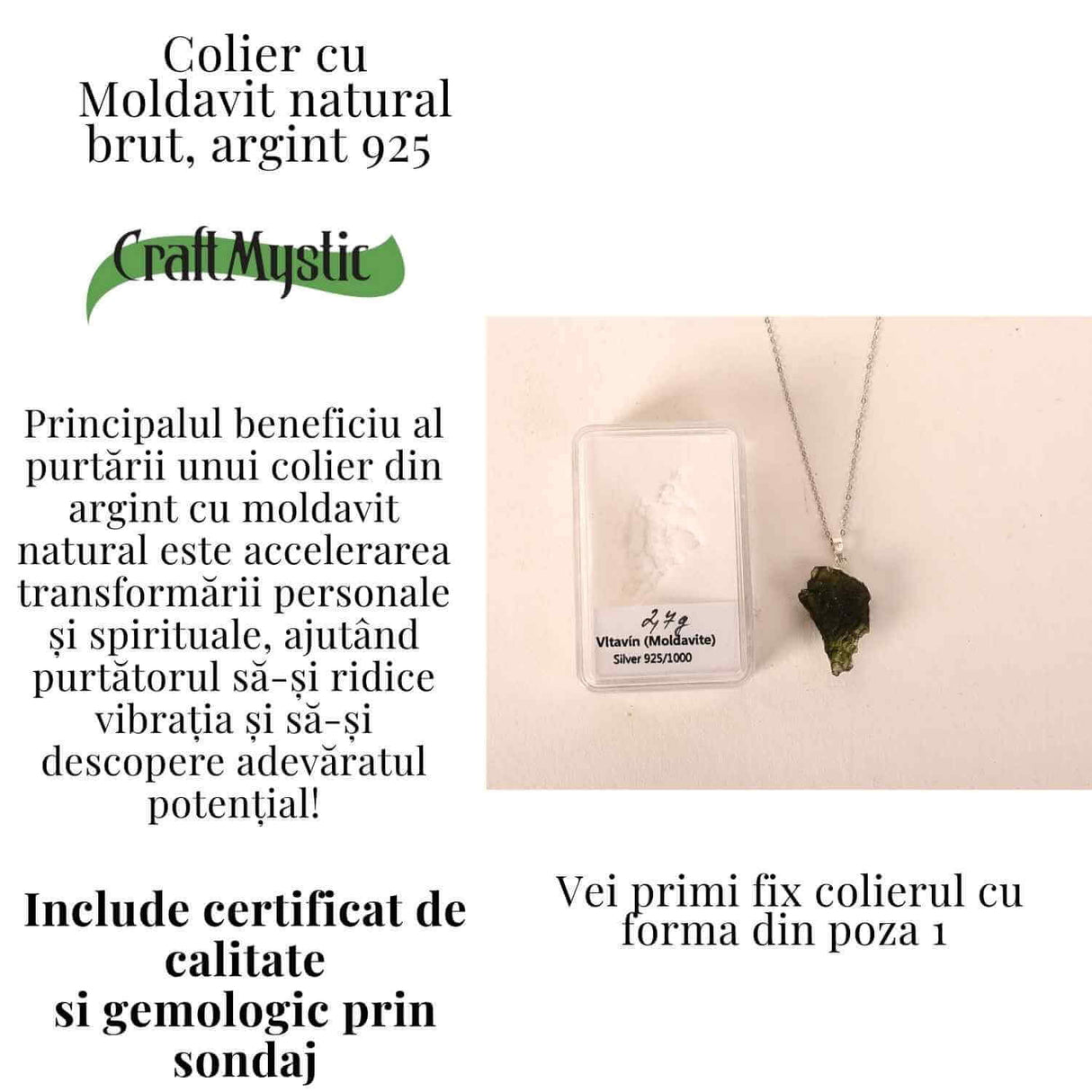 Colier Argint 925 cu Moldavit natural brut 2.7 g - laritate interioara pentru momente de transformare constienta