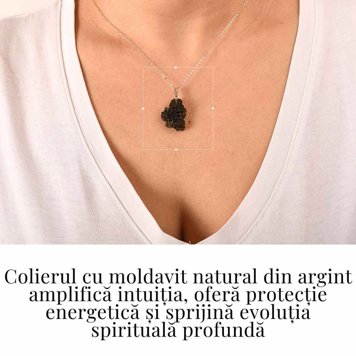 Colier Argint 925 cu Moldavit natural brut 2.6 g - o piatra a schimbarii blande si a claritatii interioare