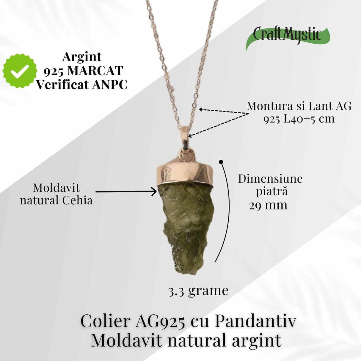 Colier Argint 925 cu Moldavit natural brut 3.3 g - Sustinere Simbolica pentru Introspectie si Sens