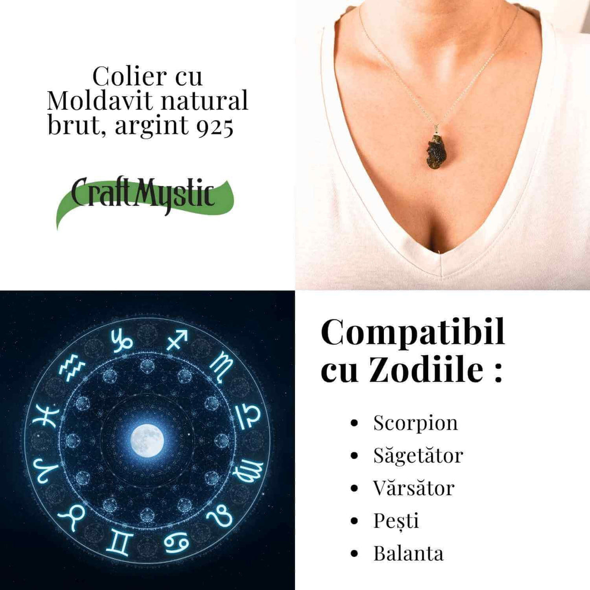 Colier Argint 925 cu Moldavit natural brut 3.0 g - sprijin discret pentru reflectie si calm