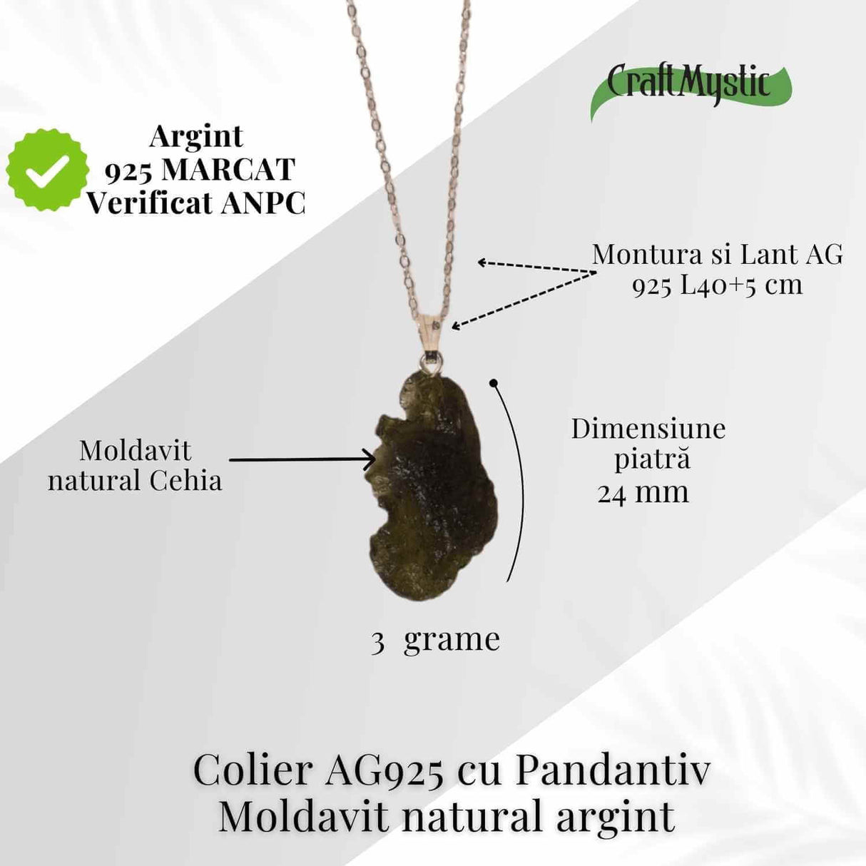 Colier Argint 925 cu Moldavit natural brut 3.0 g - sprijin discret pentru reflectie si calm