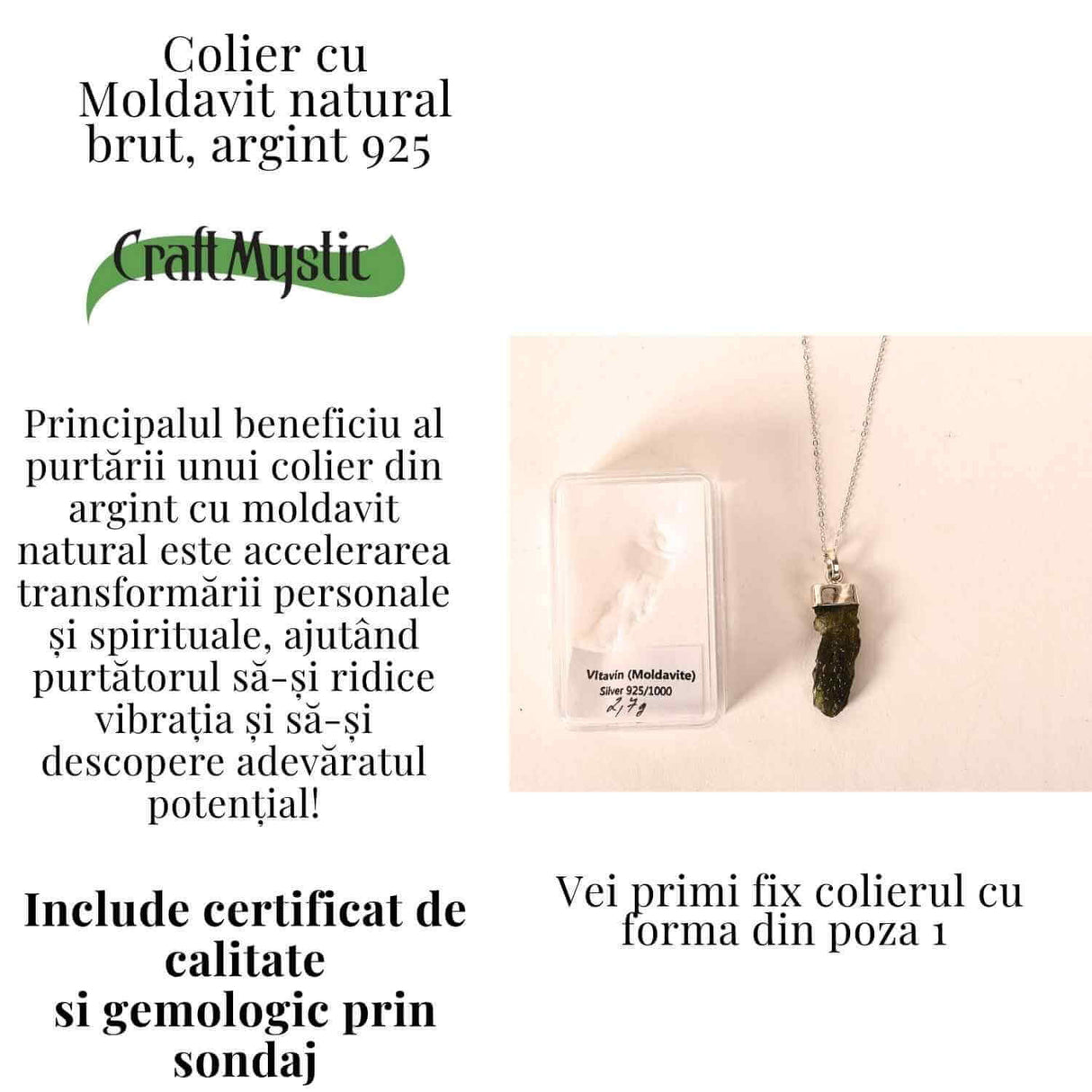 Colier Argint 925 cu Moldavit natural brut 2.7 g - Obiect cu Energie de Reannoire si Claritate Personala