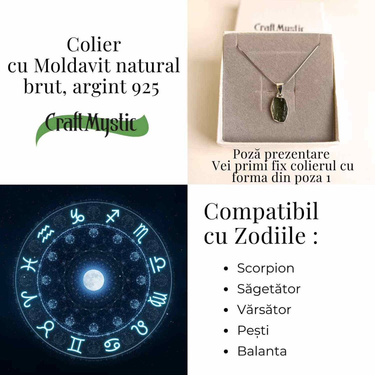 Colier Argint 925 cu Moldavit natural brut 2.36 g - talisman de transformare