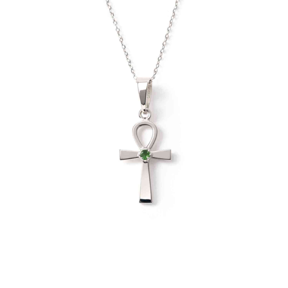 Colier Argint 925 Crucea ANKH cu Moldavit natural fatetat - simbol al vietii si transformarii