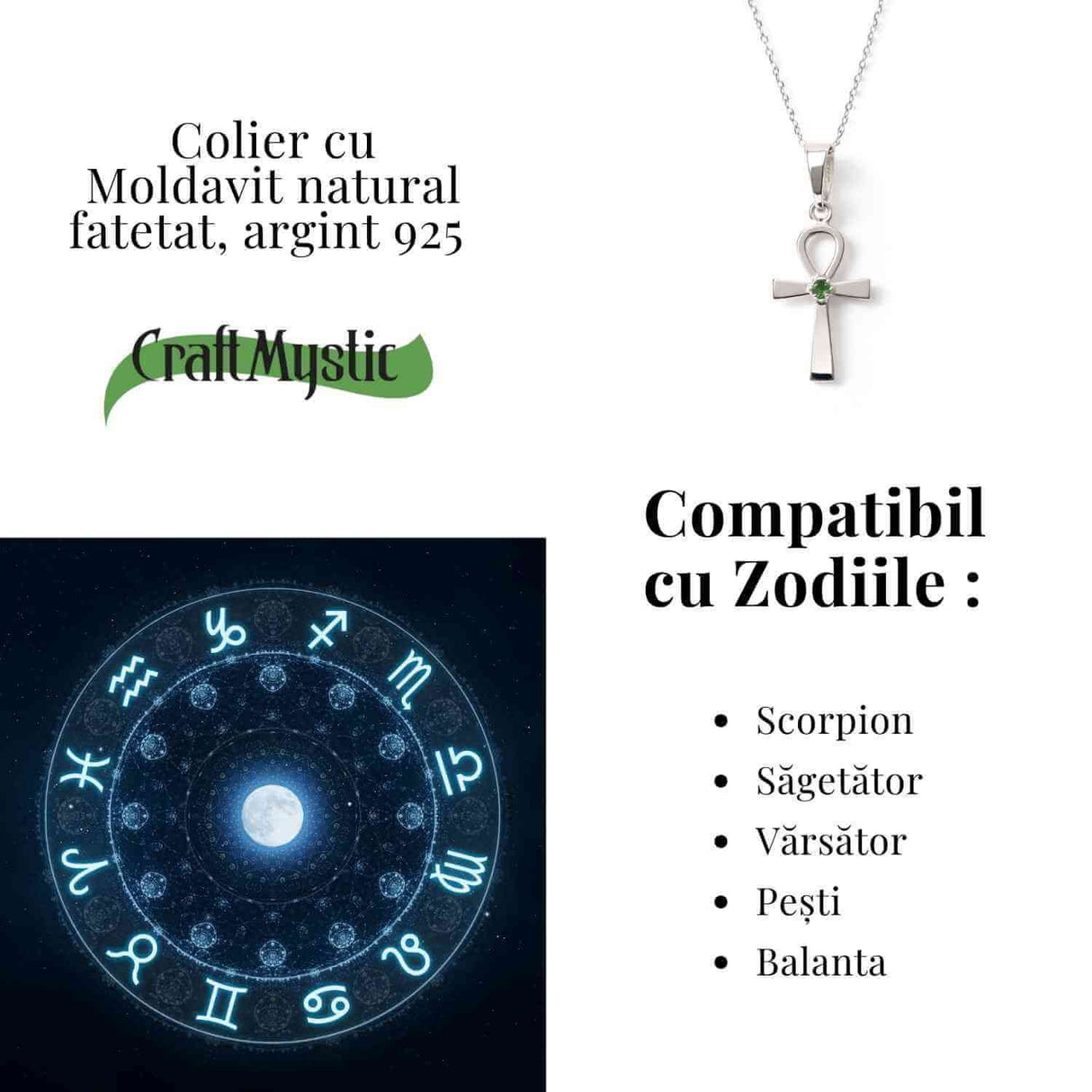 Colier Argint 925 Crucea ANKH cu Moldavit natural fatetat - simbol al vietii si transformarii
