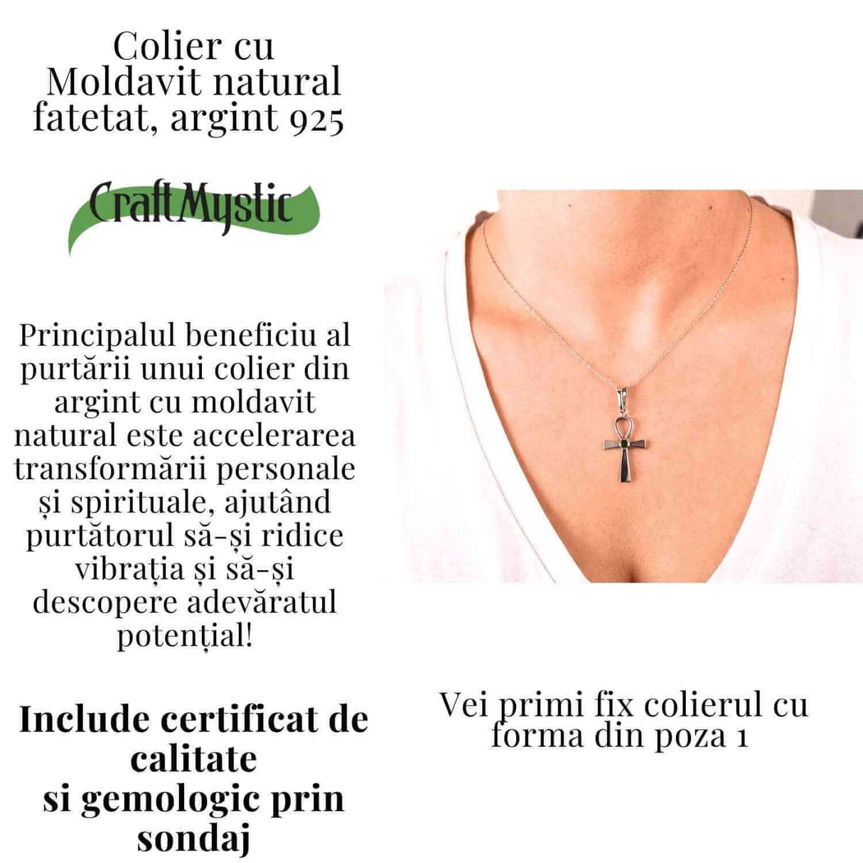 Colier Argint 925 Crucea ANKH cu Moldavit natural fatetat - simbol al vietii si transformarii