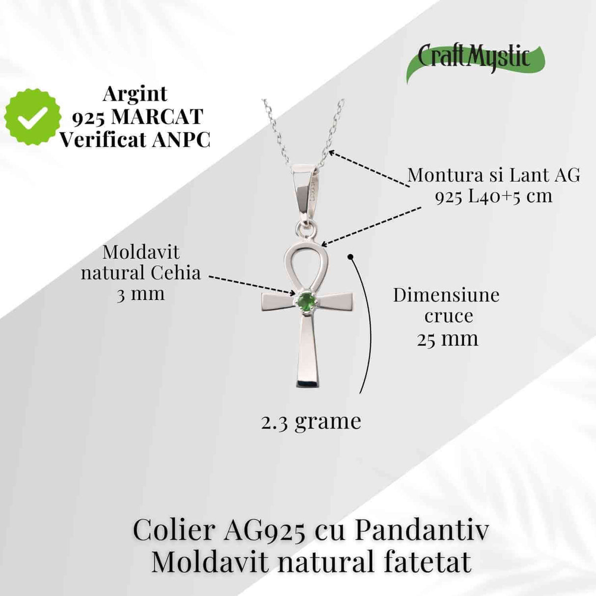 Colier Argint 925 Crucea ANKH cu Moldavit natural fatetat - simbol al vietii si transformarii