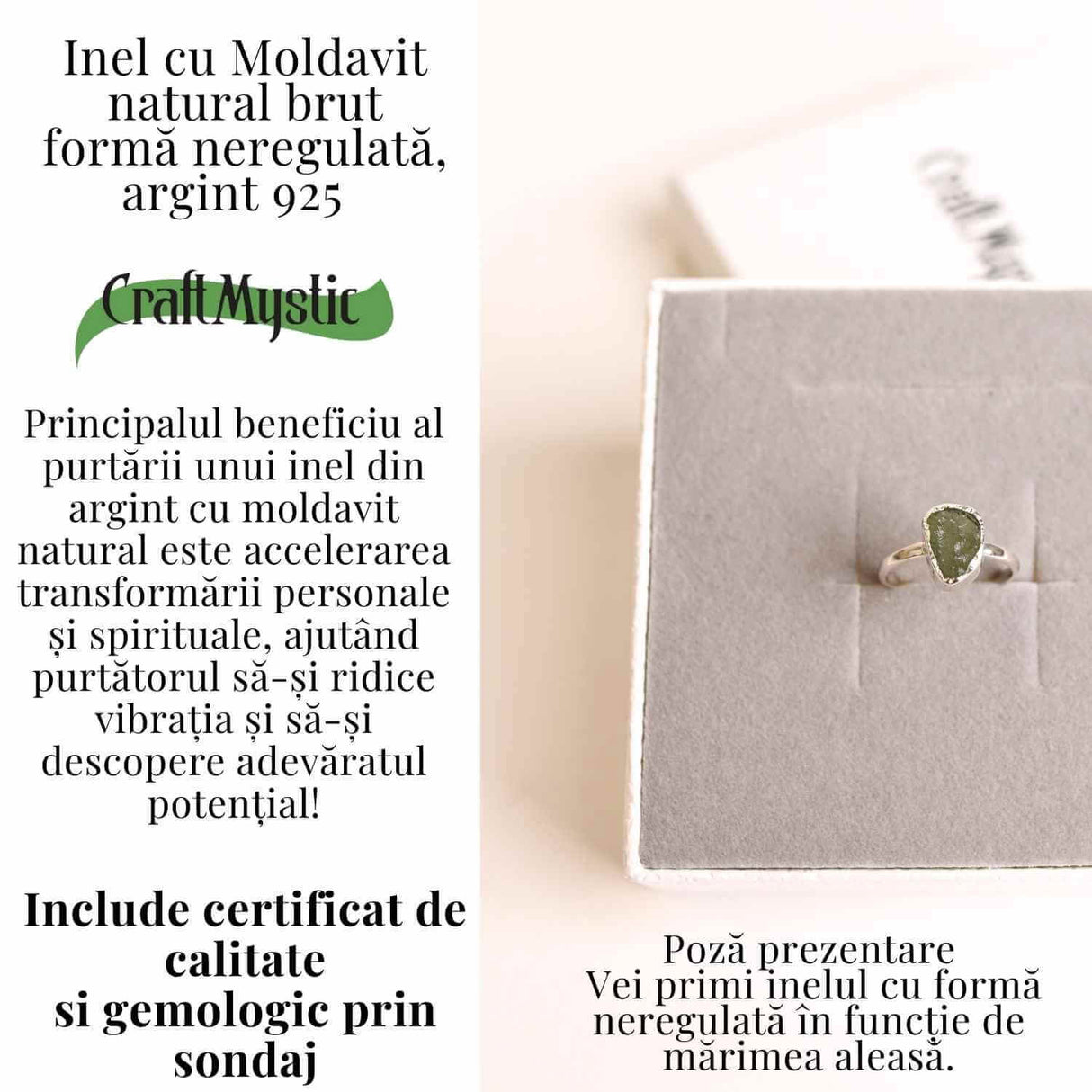 Inel argint 925 cu Moldavit natural forma neregulata 49-50/5 - Talisman de transformare spirituala