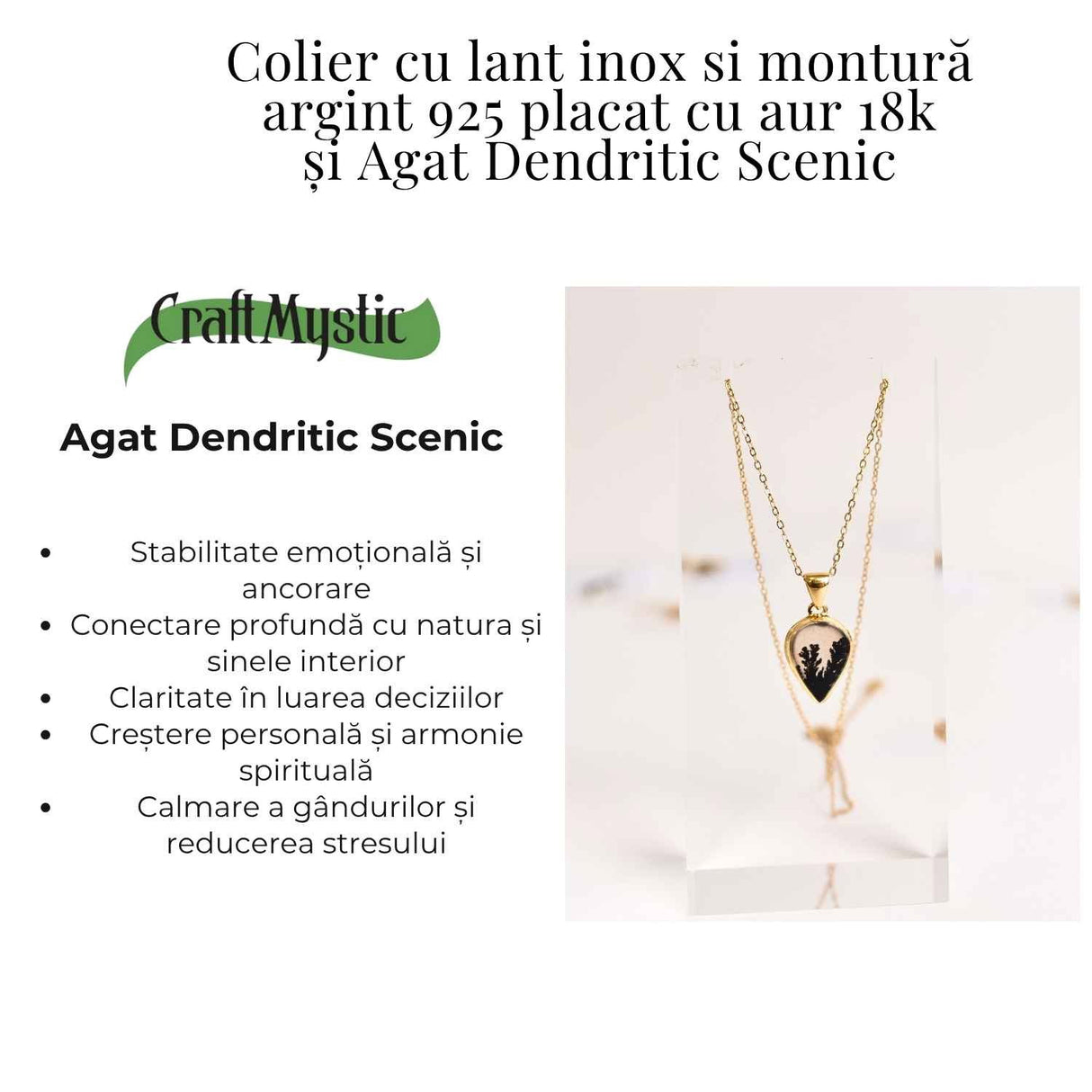 Colier lant inox cu pandantiv montura pe argint 925 placat cu aur 18k si Agat Scenic Dentritic - Claritate si echilibru emotional