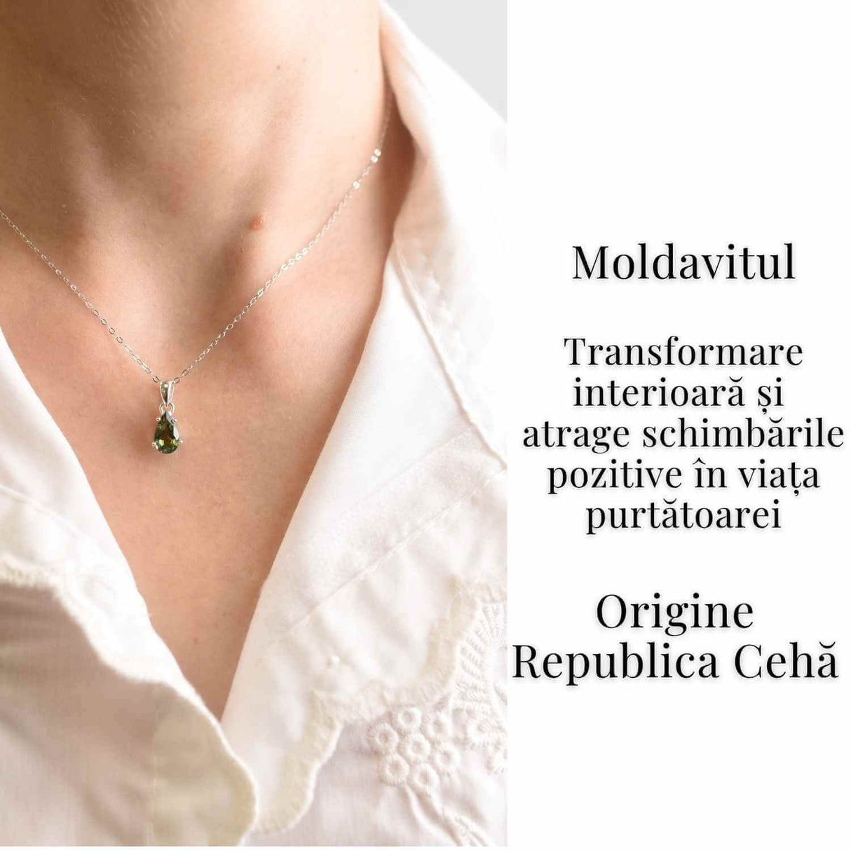 Colier argint 925 cu Moldavit natural fatetat lacrima - Claritate interioara si constiinta superioara