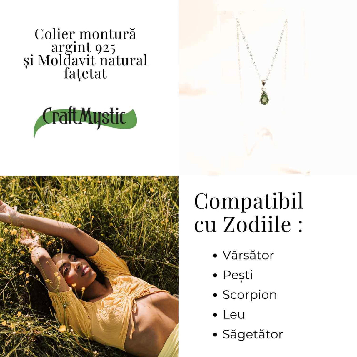 Colier argint 925 cu Moldavit natural fatetat lacrima - Claritate interioara si constiinta superioara