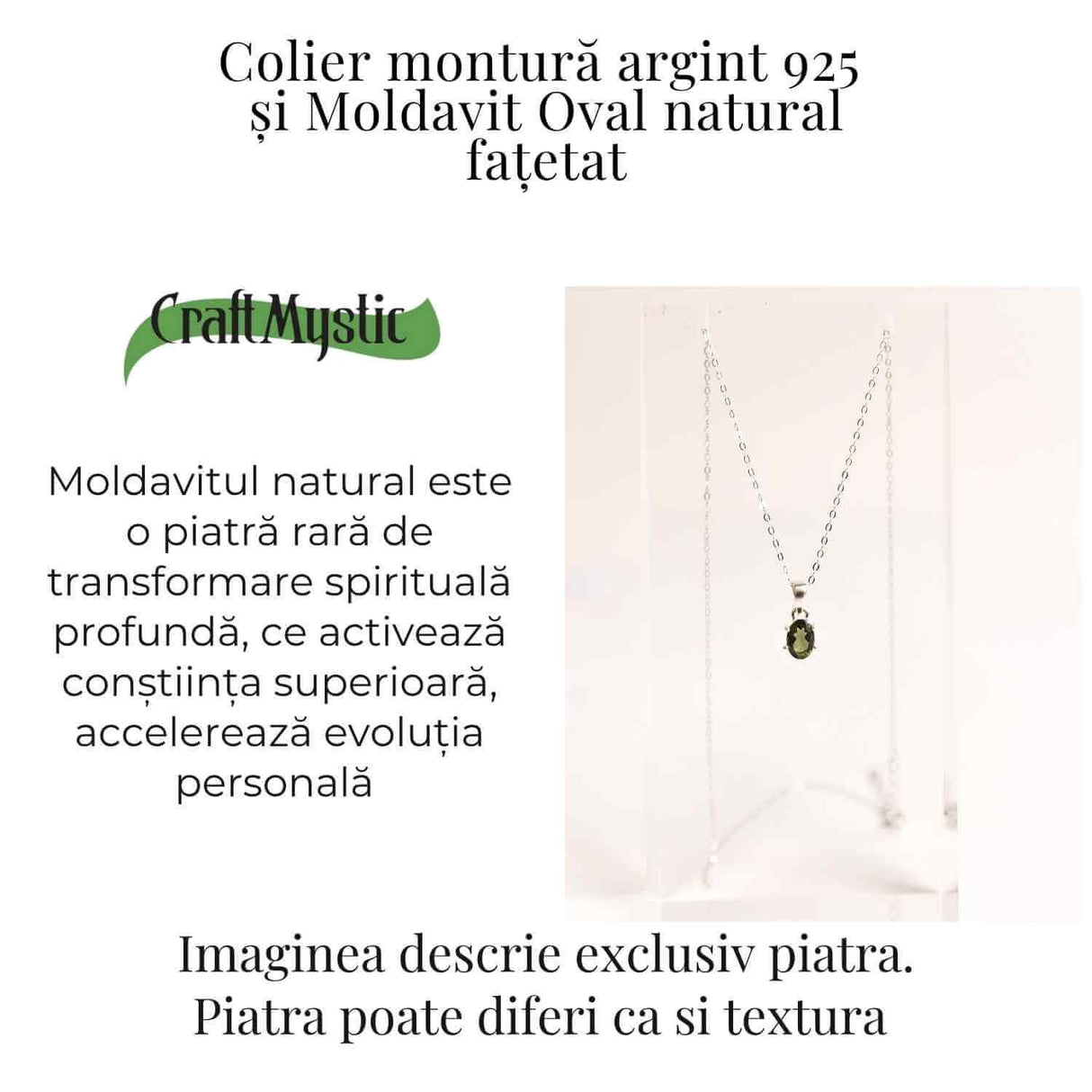 Colier argint 925 cu Moldavit natural fatetat Oval - Activare intuitiva si renastere spirituala