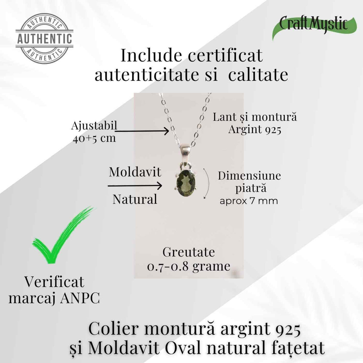 Colier argint 925 cu Moldavit natural fatetat Oval - Activare intuitiva si renastere spirituala