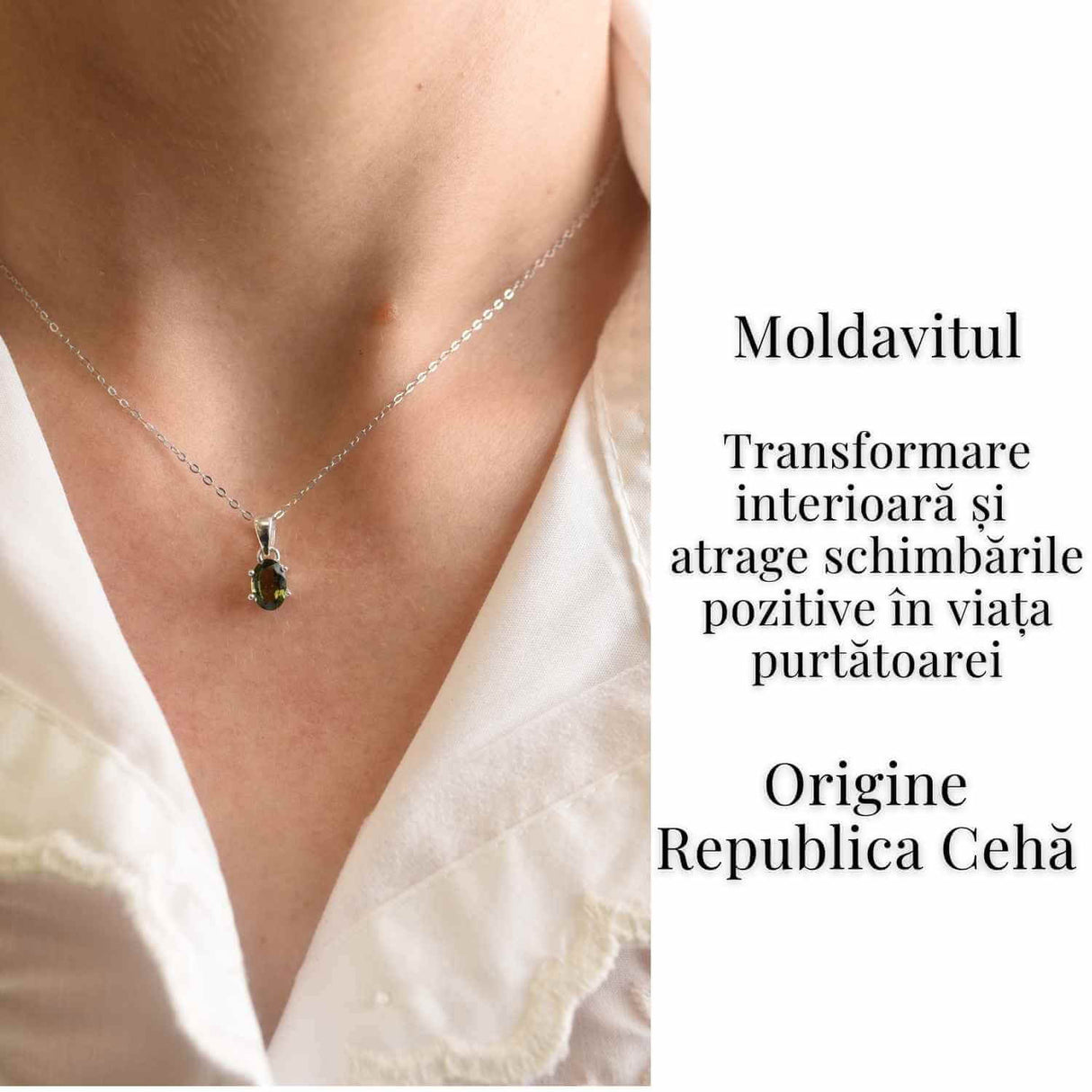 Colier argint 925 cu Moldavit natural fatetat Oval - Activare intuitiva si renastere spirituala