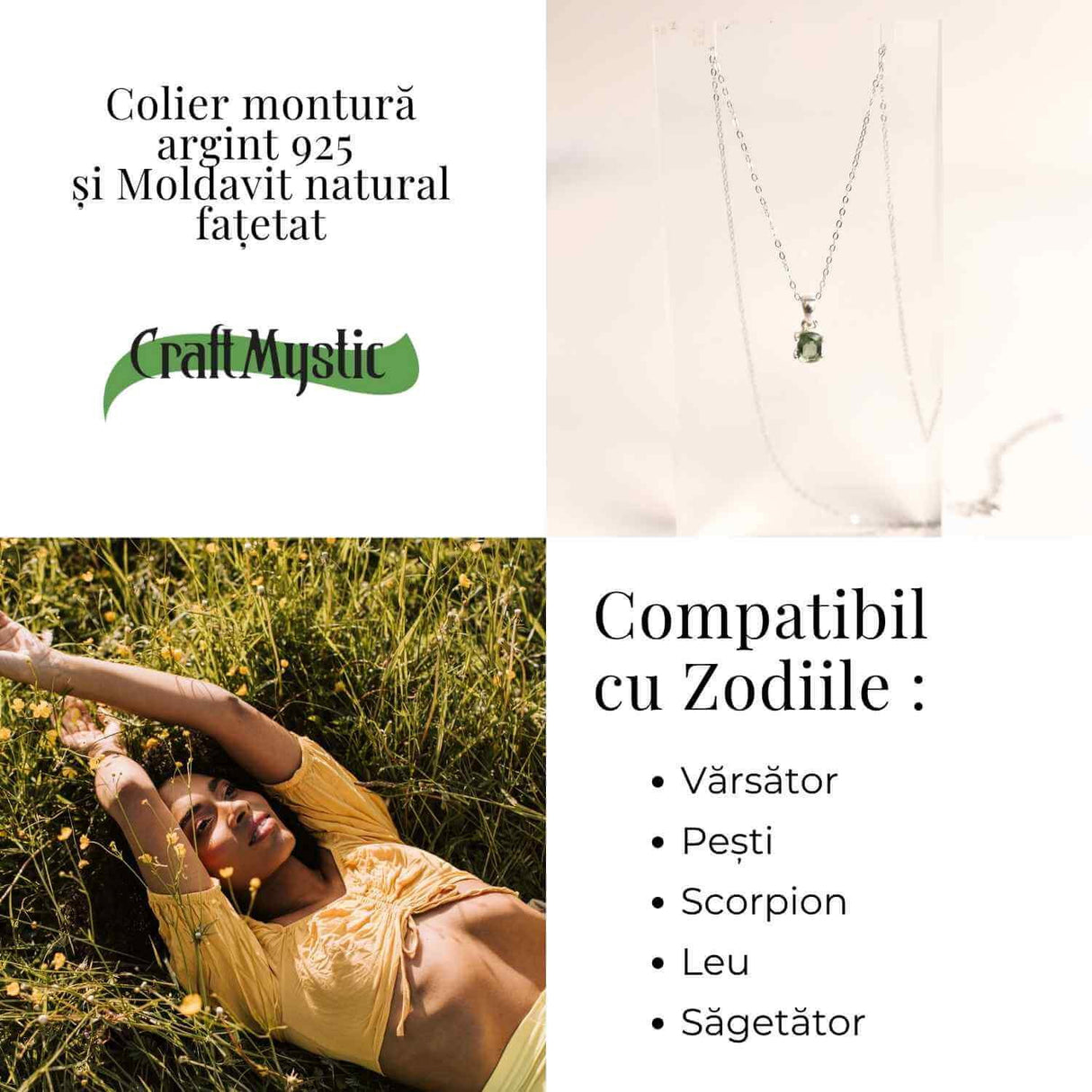 Colier argint 925 cu Moldavit natural fatetat dreptunghiular - Claritate si transformare constienta