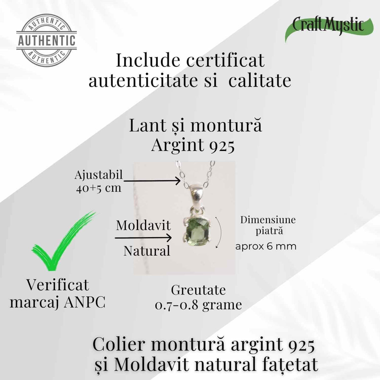 Colier argint 925 cu Moldavit natural fatetat dreptunghiular - Claritate si transformare constienta