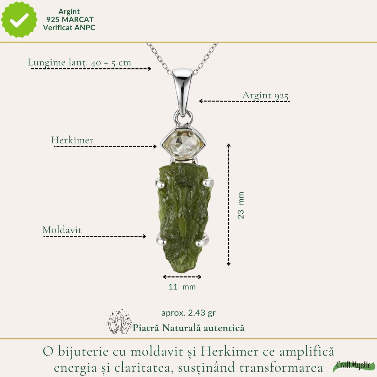 Colier Argint 925 cu Moldavit si Herkimer Brut – Claritate si Transformare