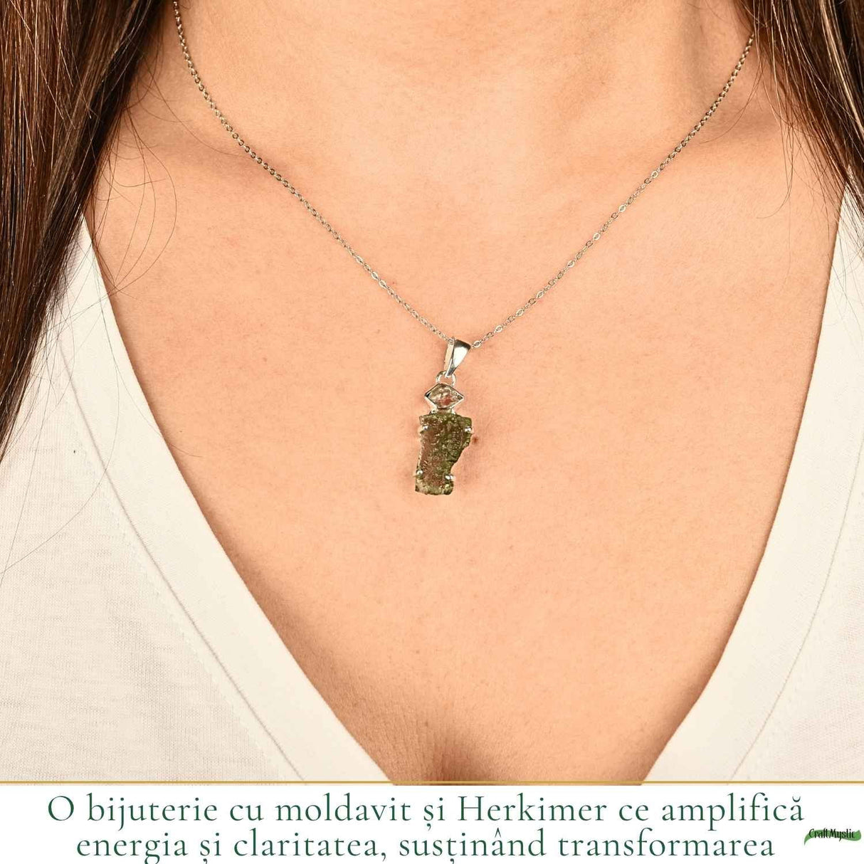 Colier Argint 925 cu Moldavit si Herkimer Brut – Claritate si Transformare