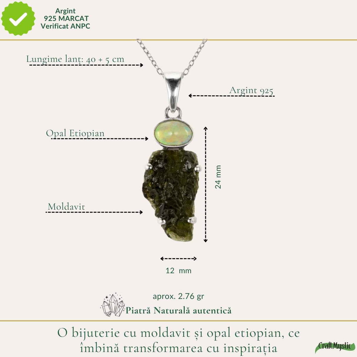 Colier Argint 925 cu Moldavit si Opal Etiopian – Intuitie si Transformare