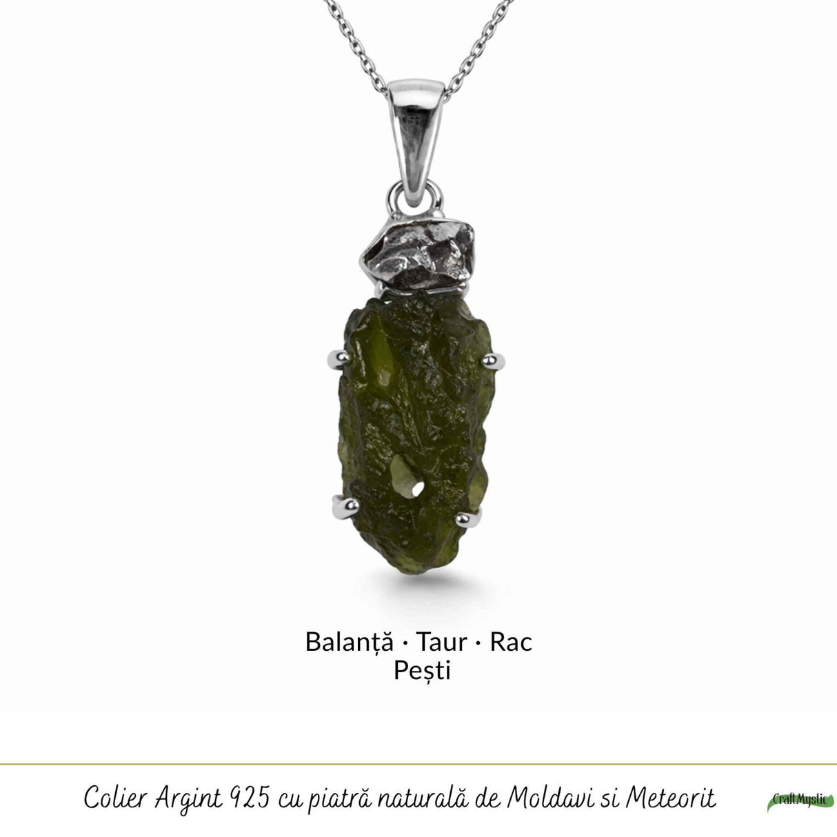 Colier Argint 925 cu Moldavit si Meteorit Brut – Transformare si Energie Cosmice