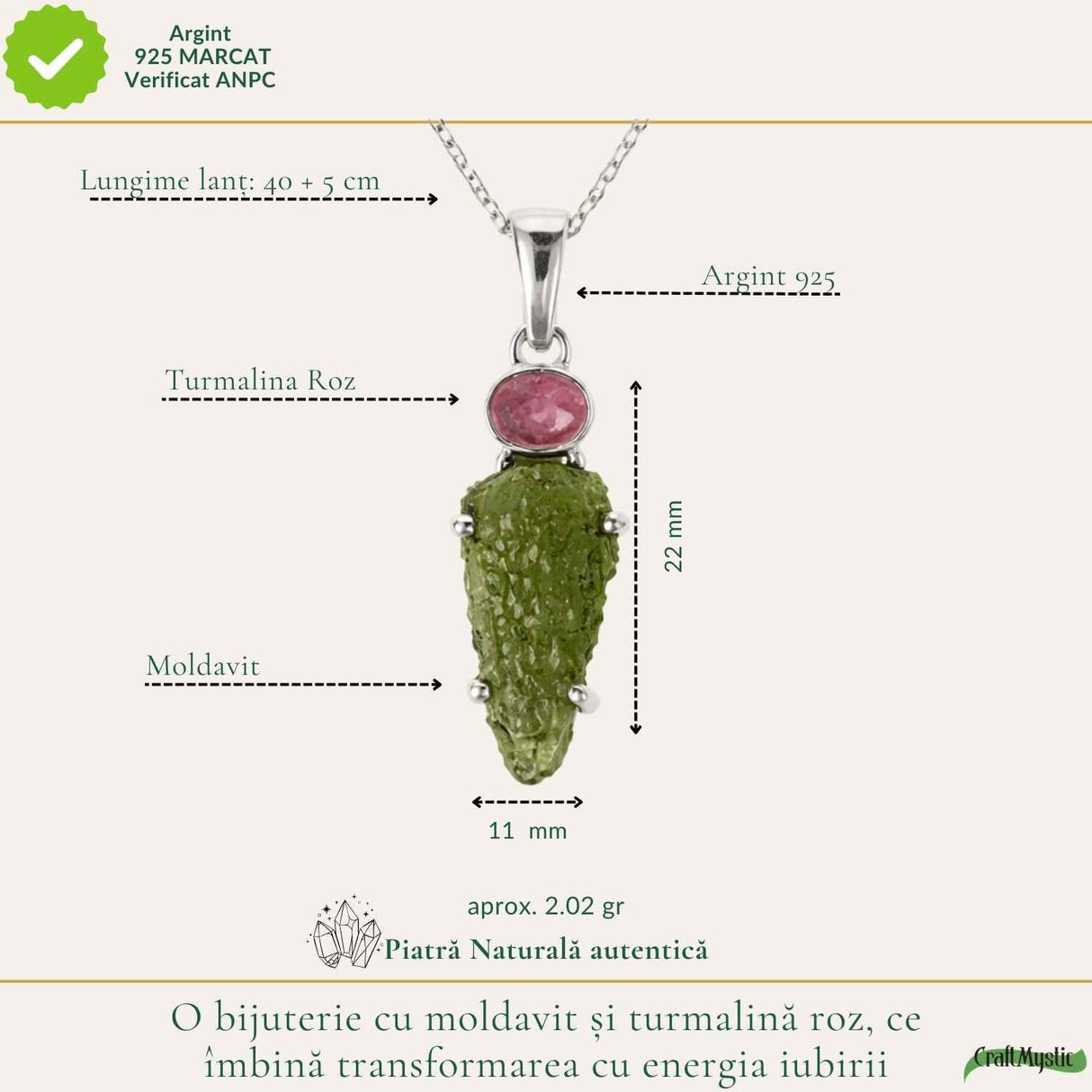 Colier argint 925 cu Moldavit si Turmalina Roz natural – Iubire, Echilibru si Transformare