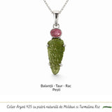Colier argint 925 cu Moldavit si Turmalina Roz natural – Iubire, Echilibru si Transformare
