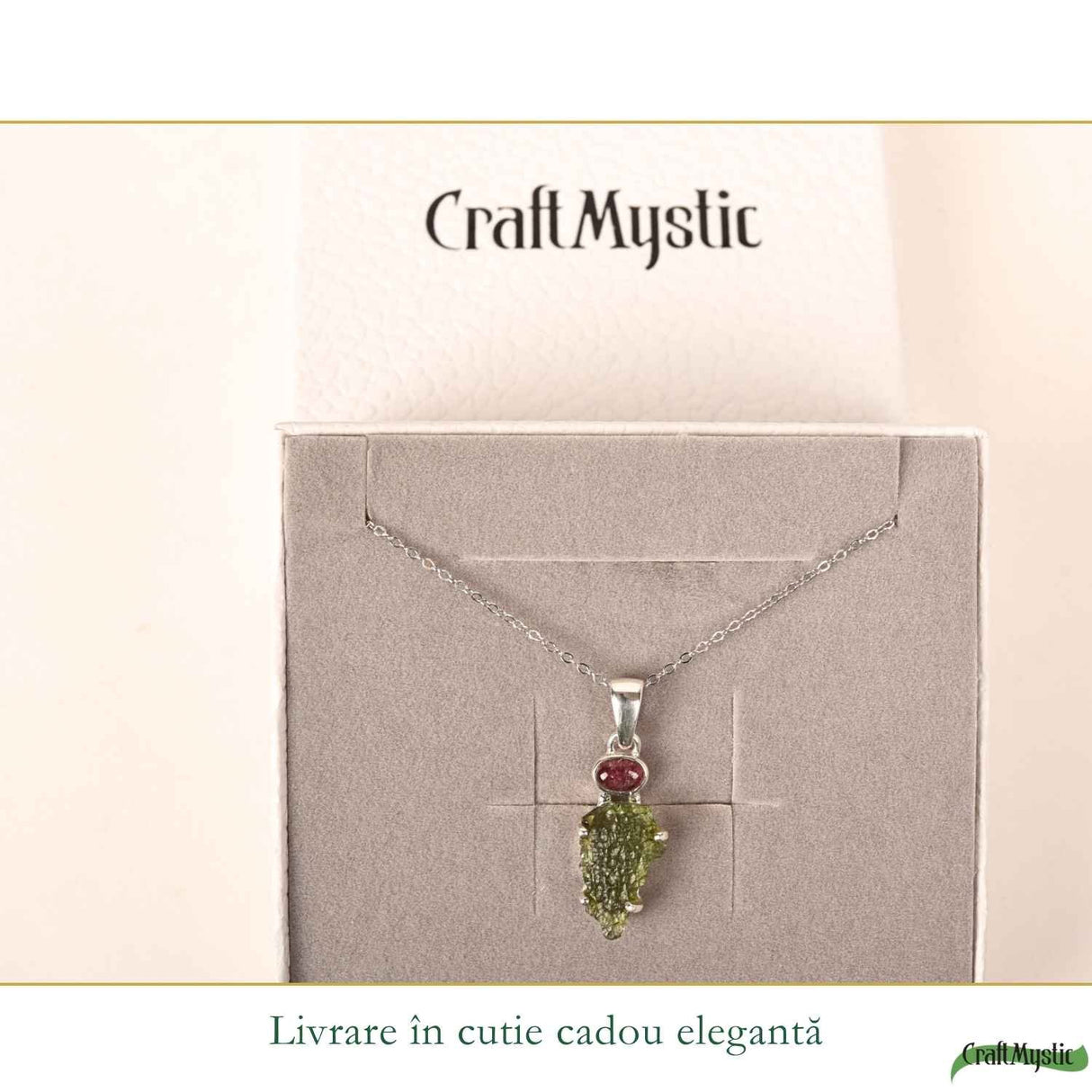 Colier argint 925 cu Moldavit si Turmalina Roz natural – Iubire, Echilibru si Transformare