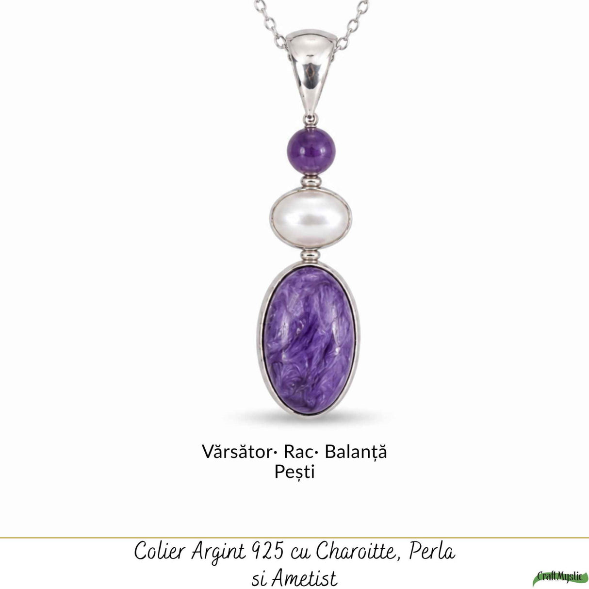 Colier Argint 925 cu Charoit, Perla si Ametist– Calm si Echilibru Emotional