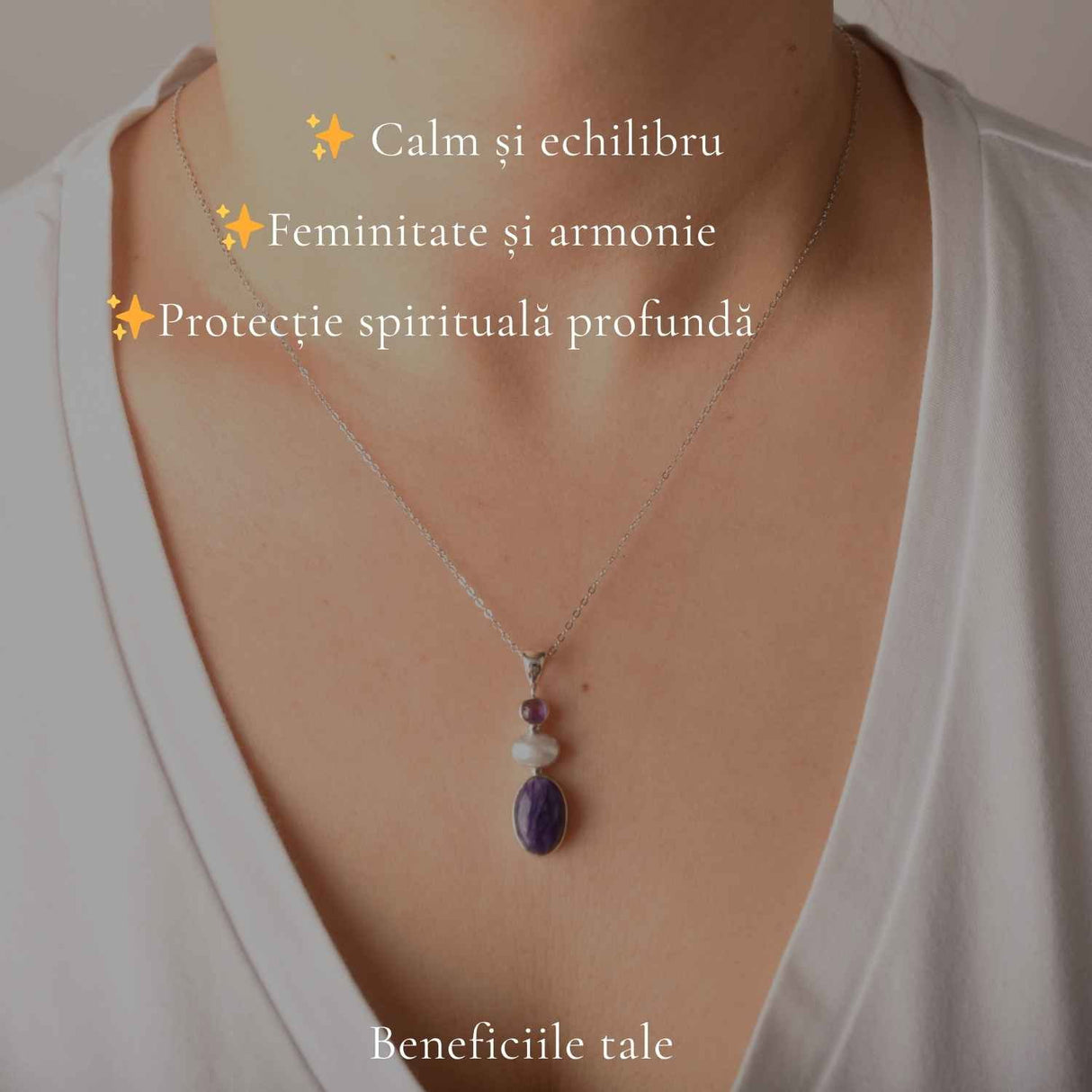 Colier Argint 925 cu Charoit, Perla si Ametist– Calm si Echilibru Emotional