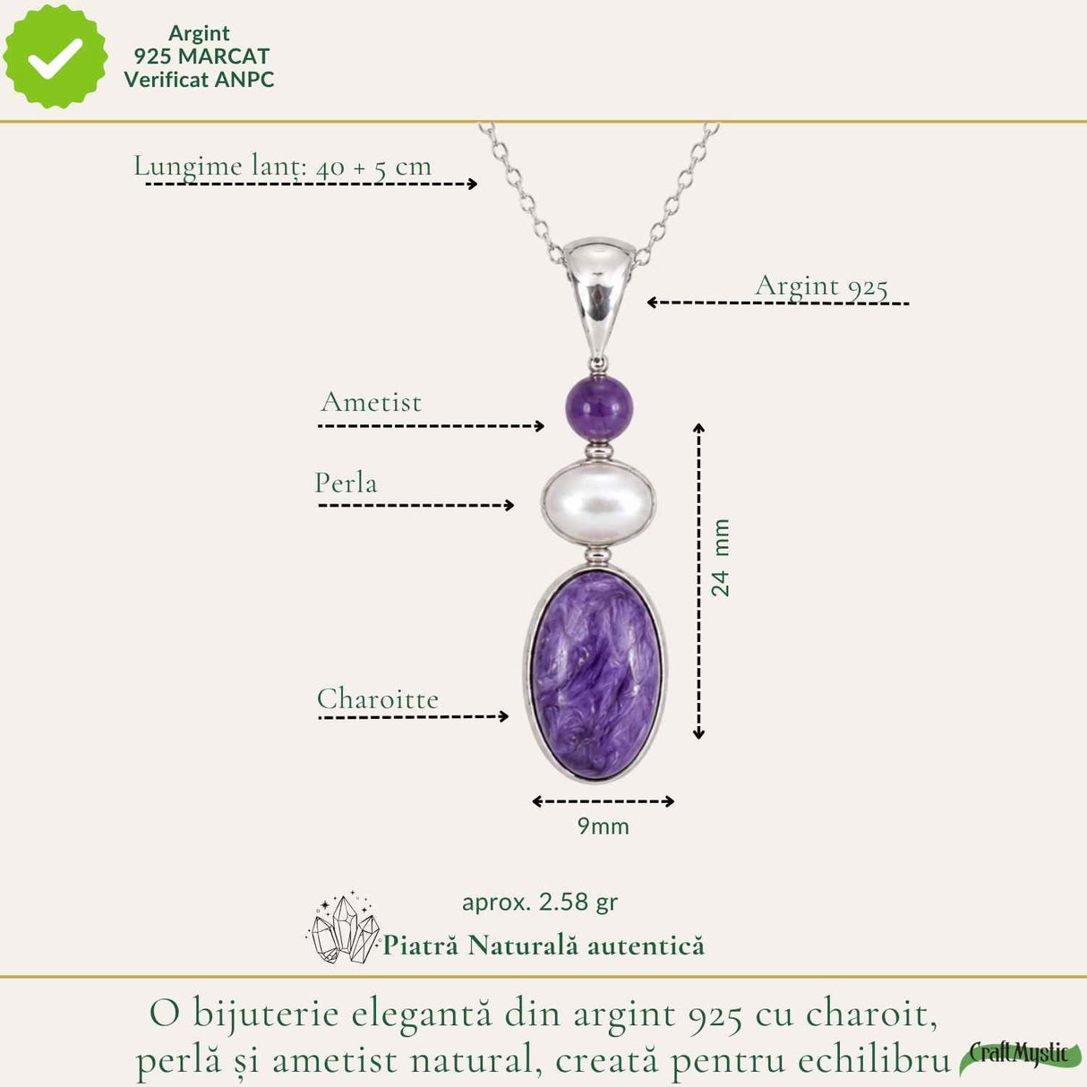 Colier Argint 925 cu Charoit, Perla si Ametist– Calm si Echilibru Emotional