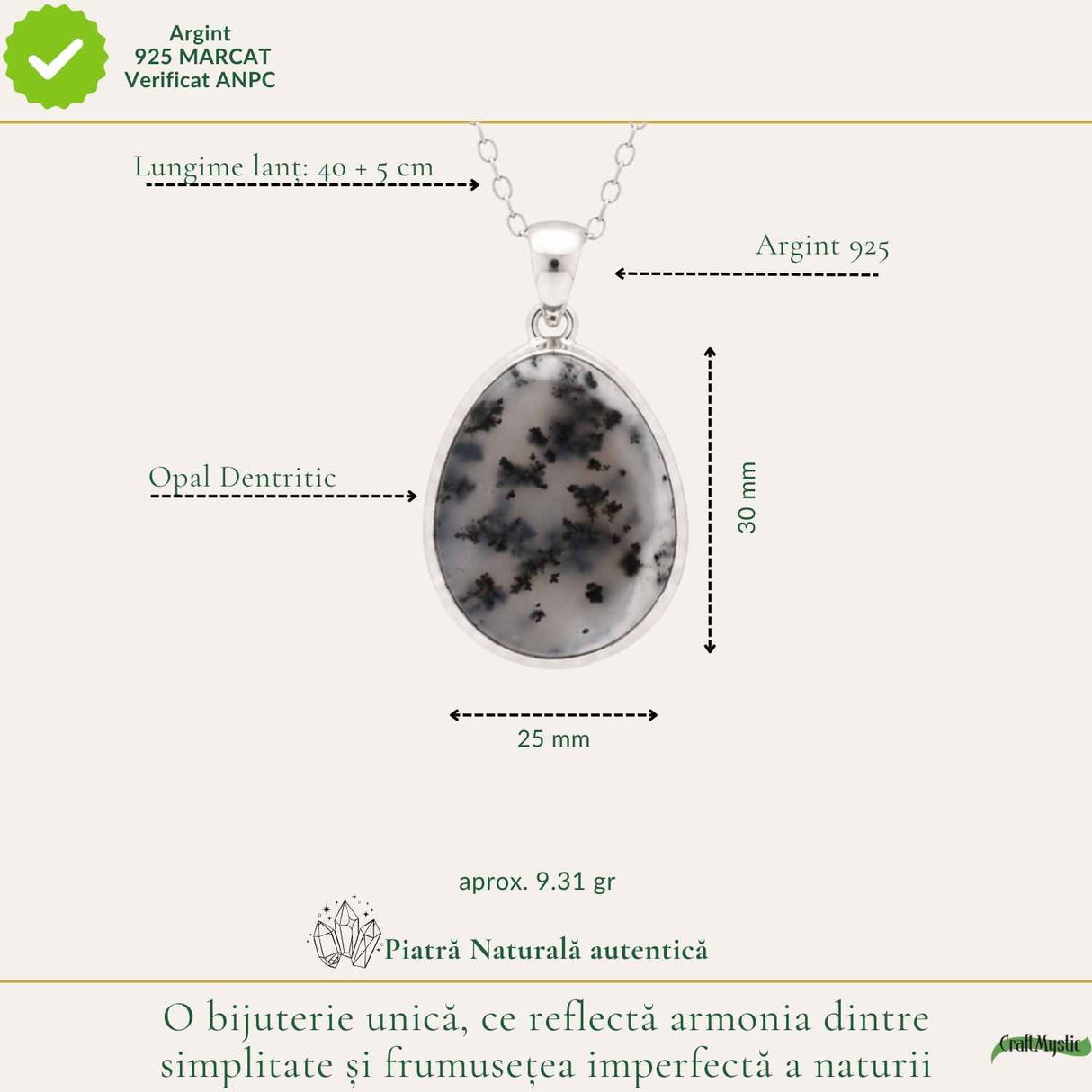 Colier Argint 925 cu Opal Dendritic Lacrima – Echilibru si Claritate Profunda
