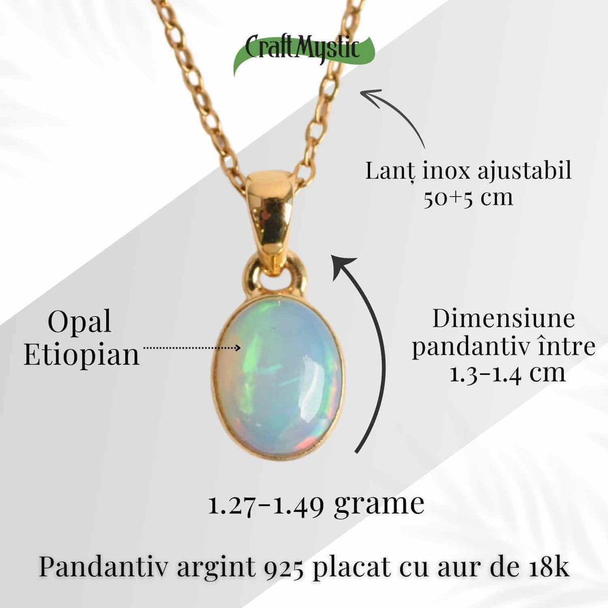 Colier cu lant inox si Opal Etiopian montura Argint 925 cu Aur 18K- Claritate si Intuitie