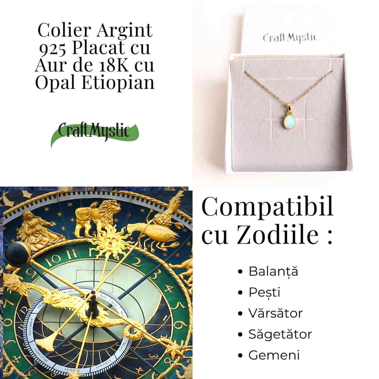 Colier cu lant inox si Opal Etiopian montura Argint 925 cu Aur 18K- Claritate si Intuitie