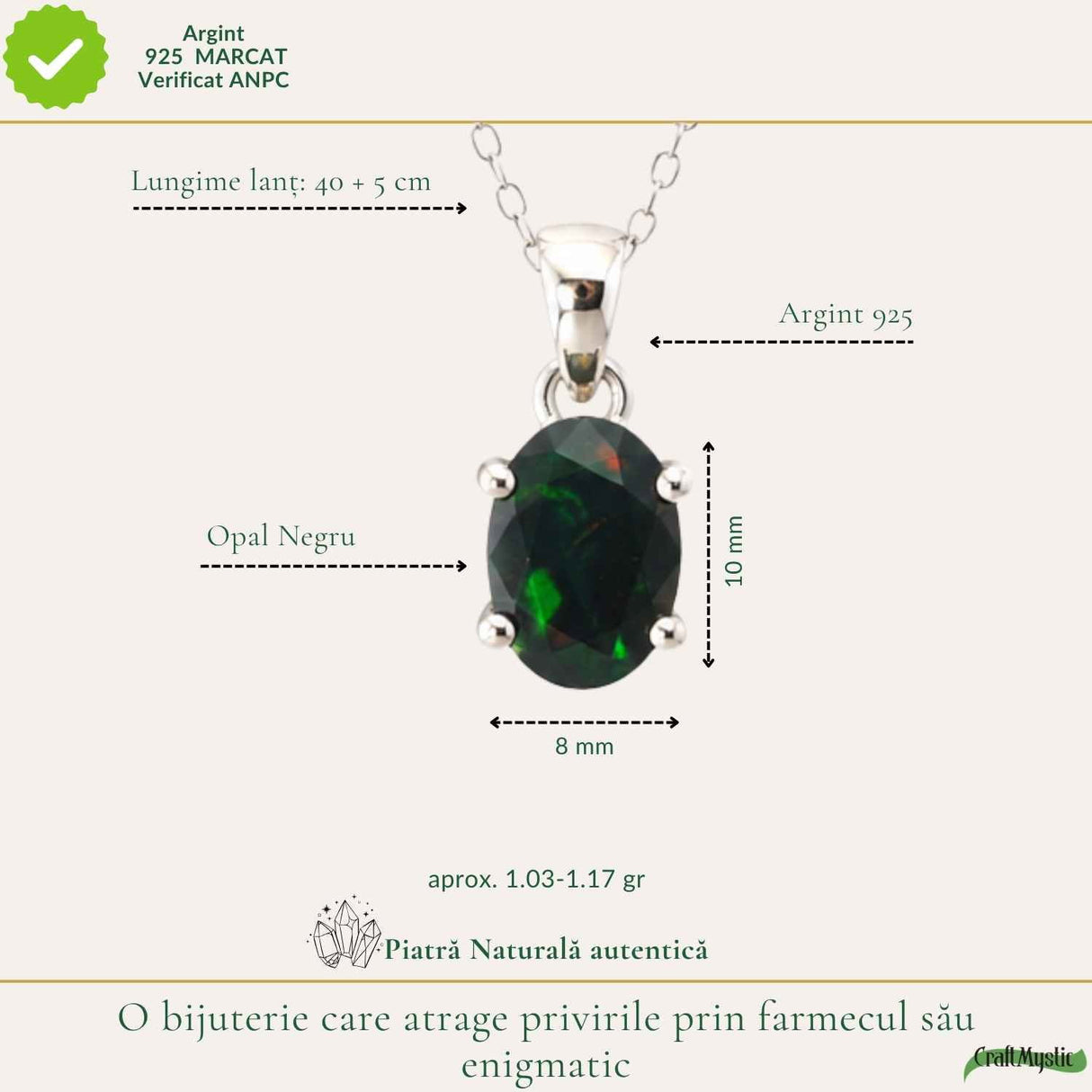 Colier Argint 925 cu Opal Negru Oval – Eleganta si Protectie Energetica