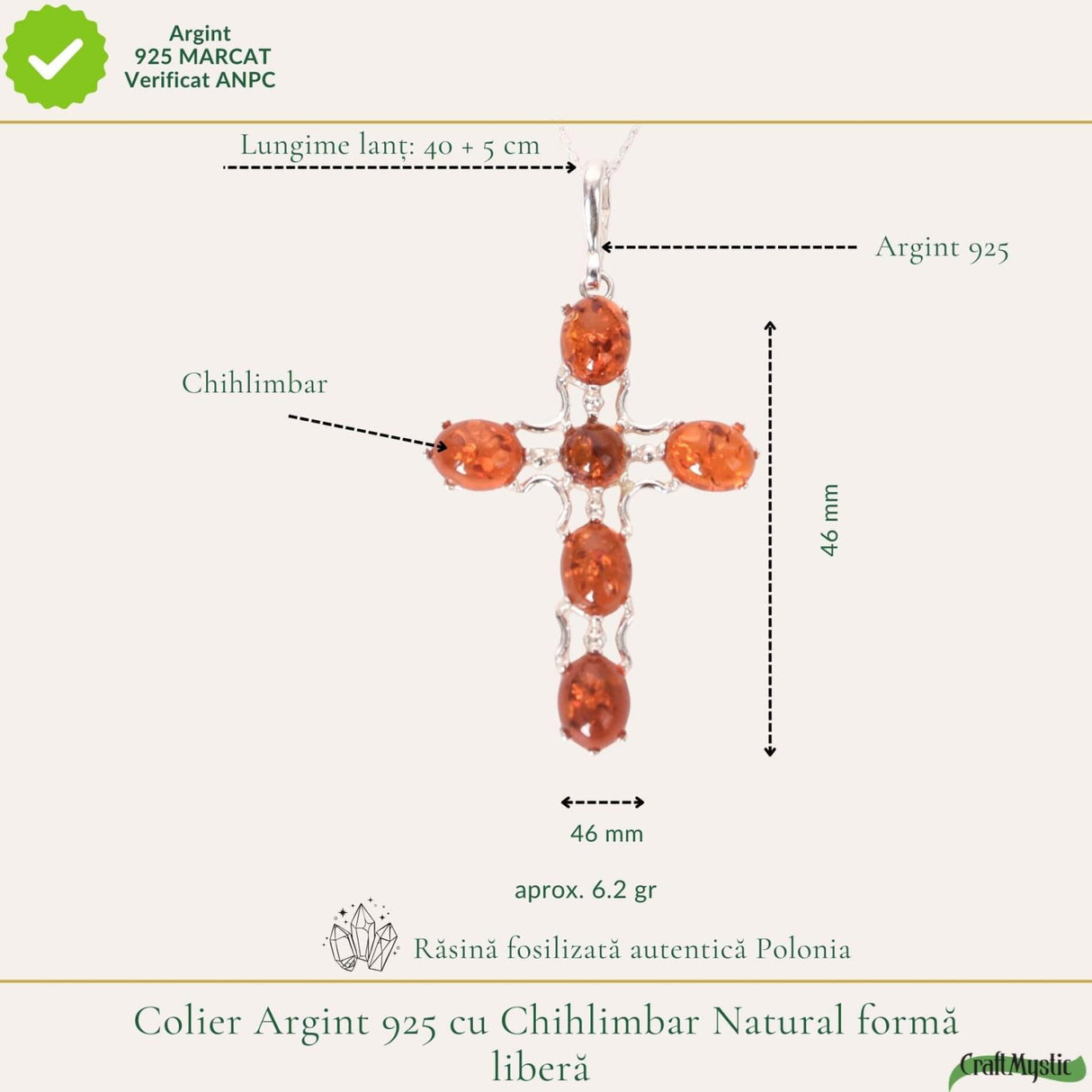 Colier argint 925 cu cruce din margele ovale si chihlimbar natural - Protectie si energie solara