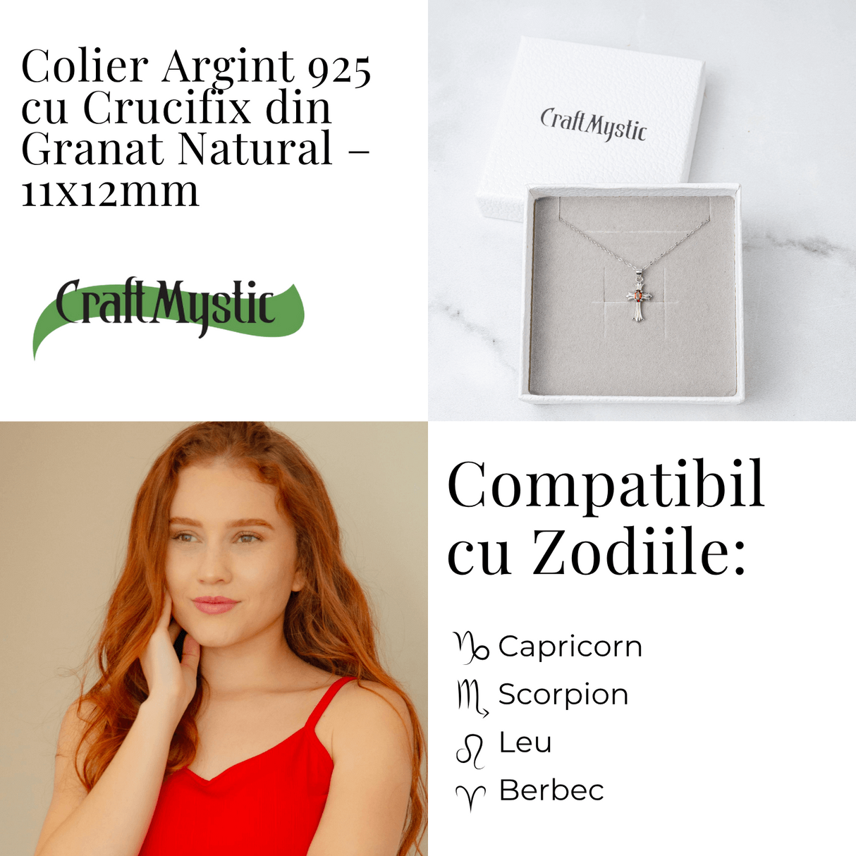 Colier Argint 925 cu Granat Natural in Forma de Cruce - Energie, Pasiune si Protectie Divina