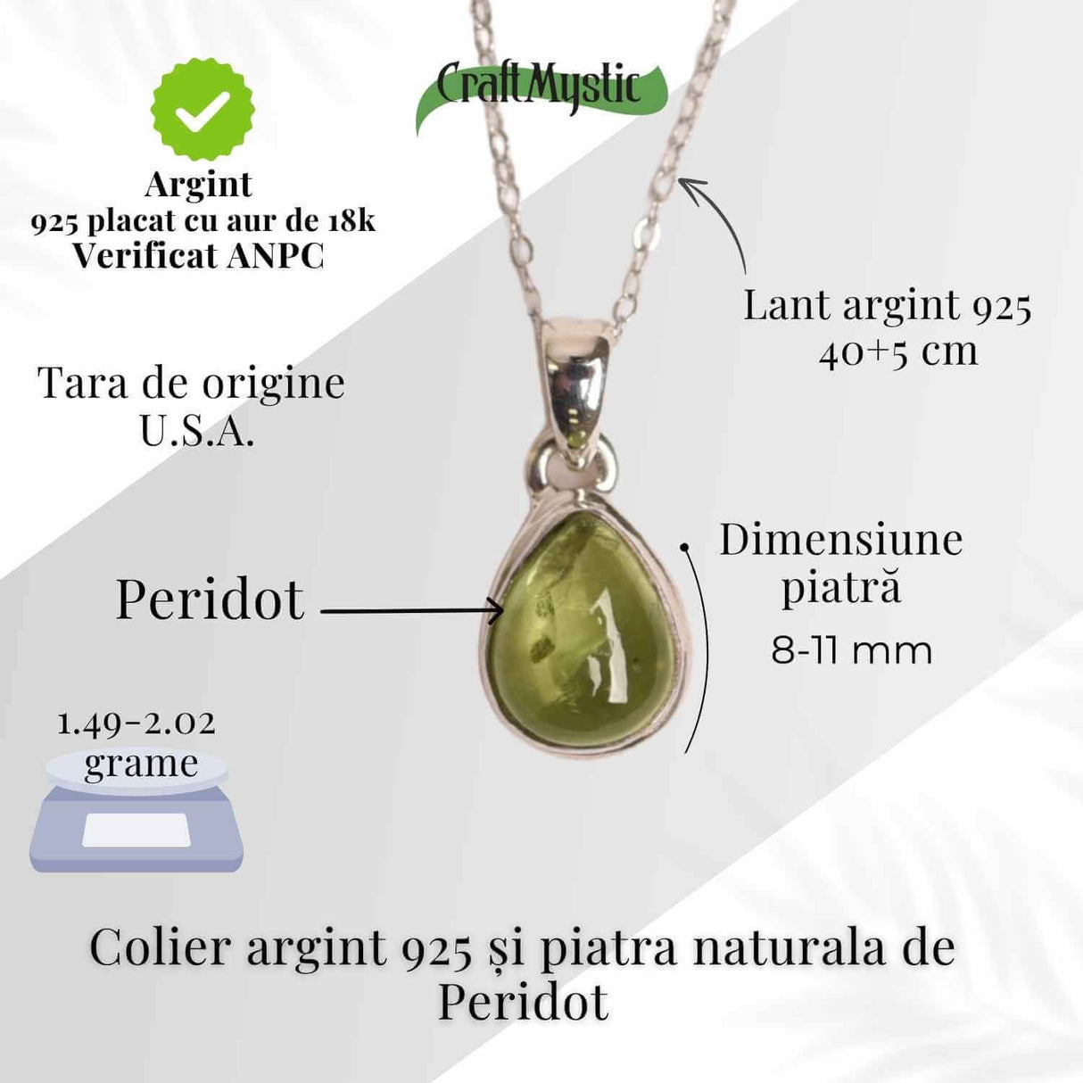 Colier Argint 925 cu Peridot Natural in Forma de Lacrima - Lumina, Vindecare si Armonie Interioara