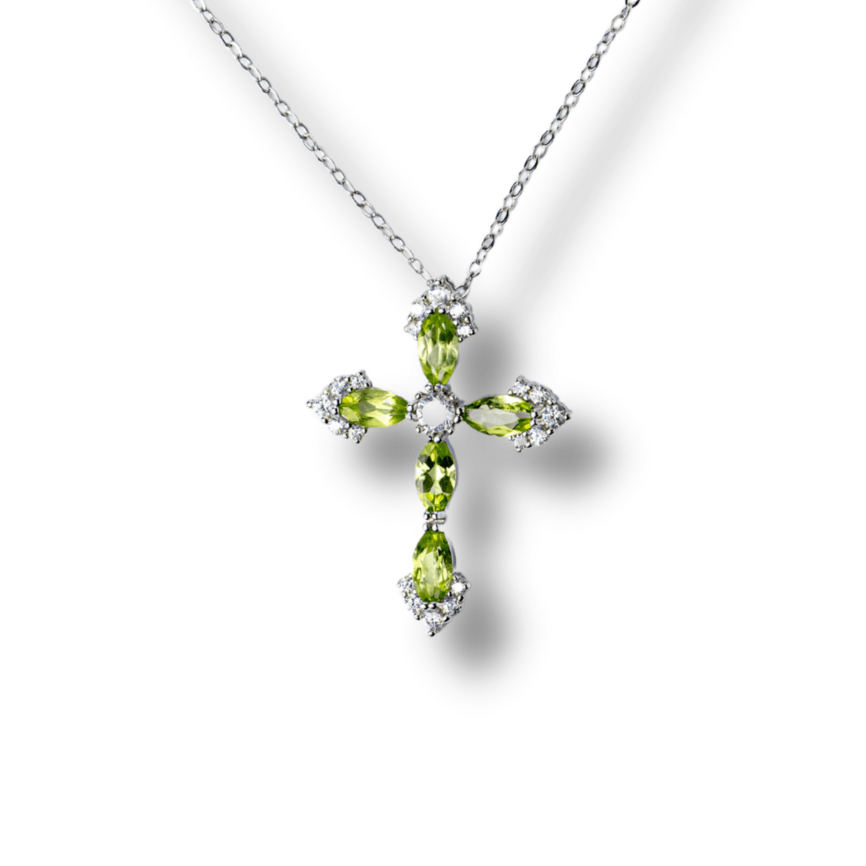 Colier Argint 925 cu Crucifix din Peridot Natural si Zirconiu - Simbol al Prosperitatii, Vitalitatii si Armoniei Interioare