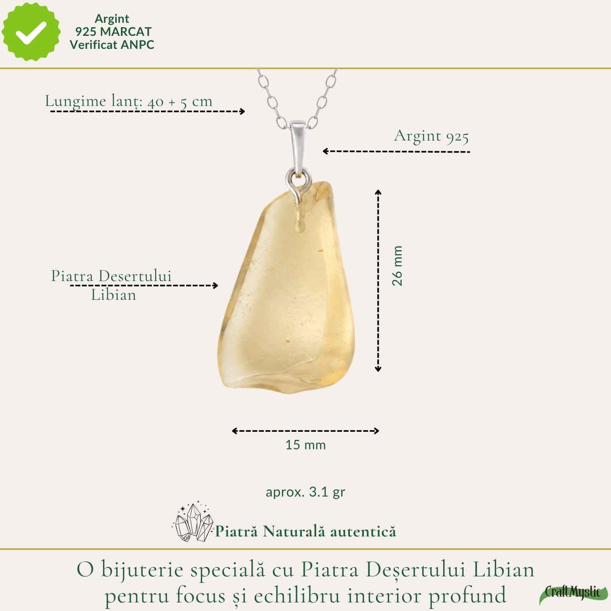 Colier Argint 925 cu Piatra Desertului Libian Neuniforma – Protectie si Echilibru