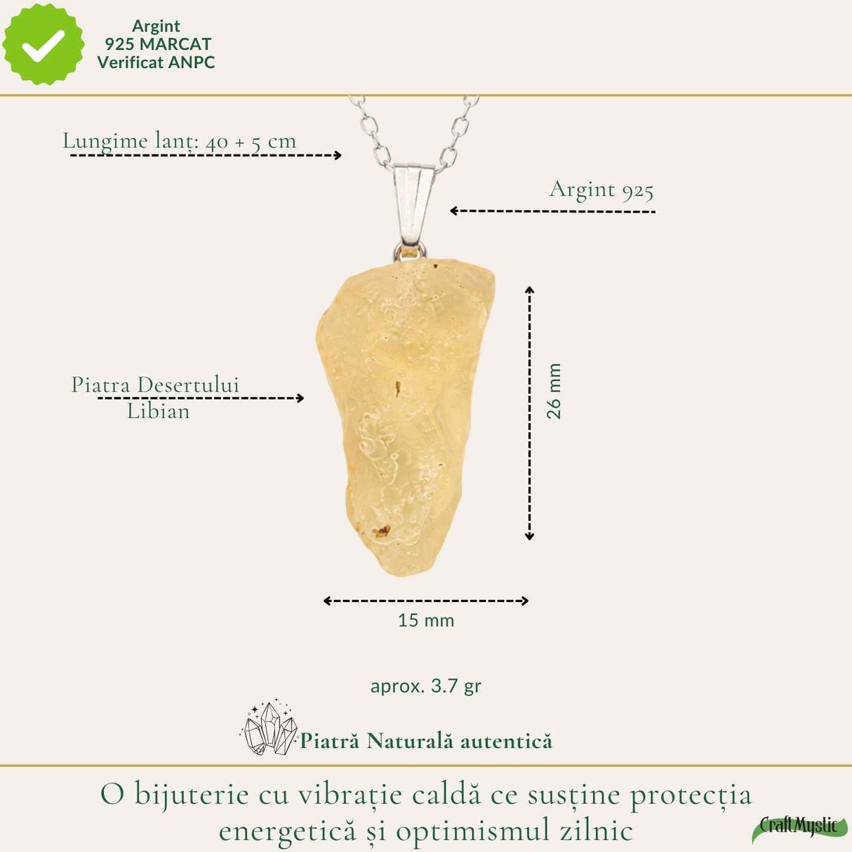 Colier Argint 925 cu Piatra Desertului Libian – Energie si Claritate