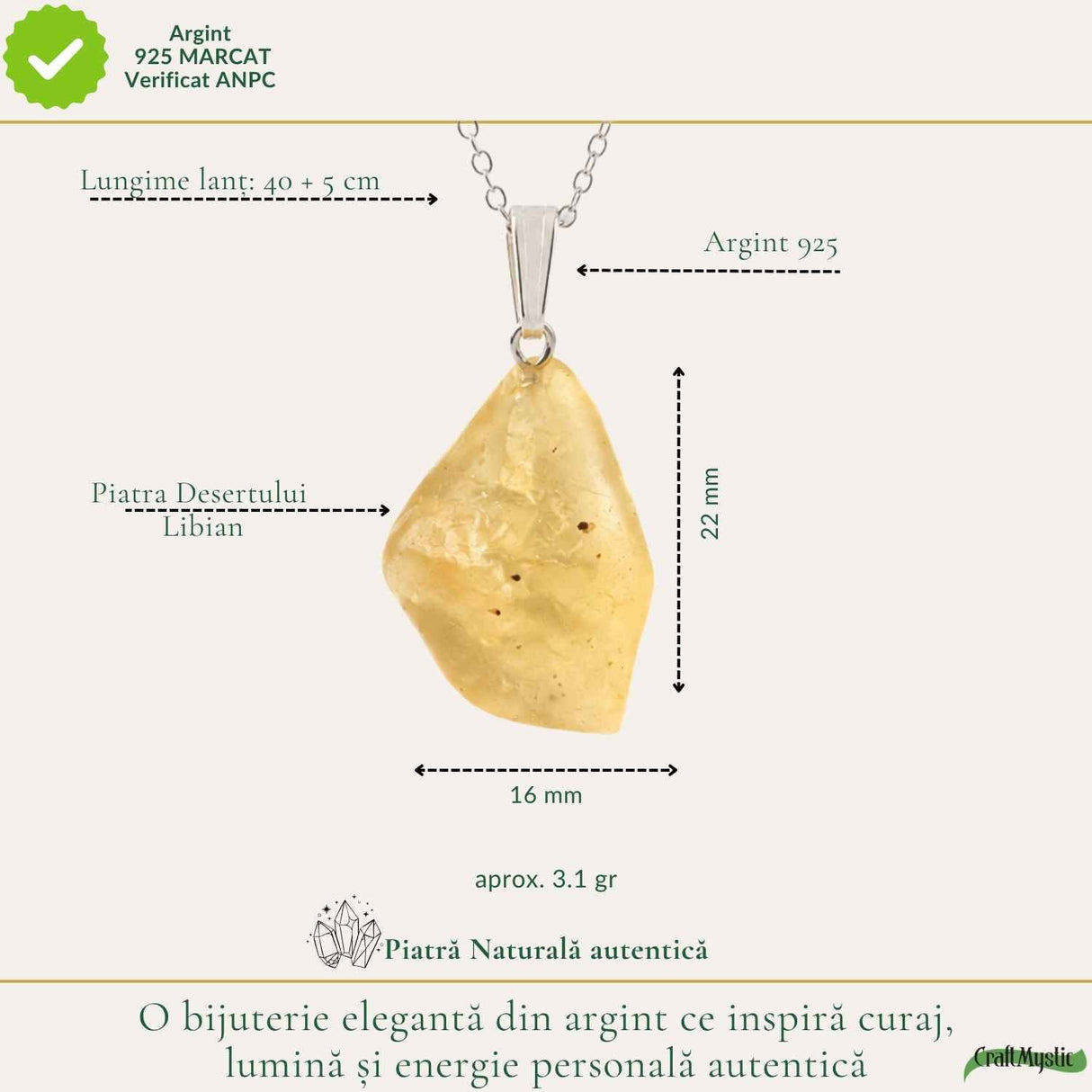 Colier Argint 925 cu Piatra Desertului Libian Neuniforma – Claritate si Protectie