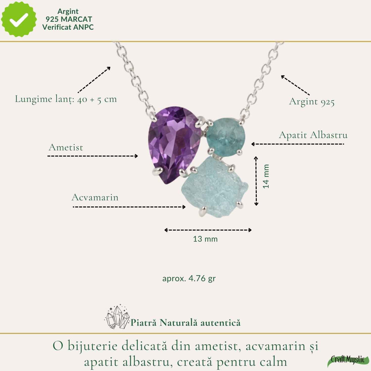 Colier Argint 925 cu Ametist, Acvamarin si Apatit Albastru – Calm si Claritate