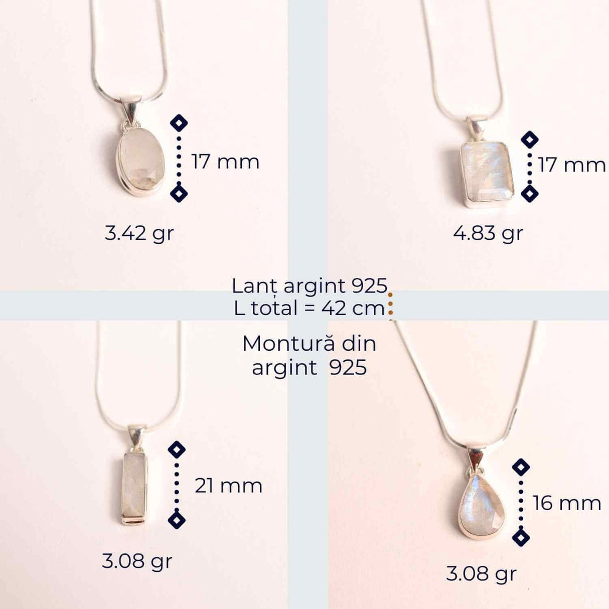 Colier Argint 925 cu Piatra Lunii Curcubeu Fatetat - Bijuterie pentru Echilibru Emoțional, va4 - 3.2-3.8 gr