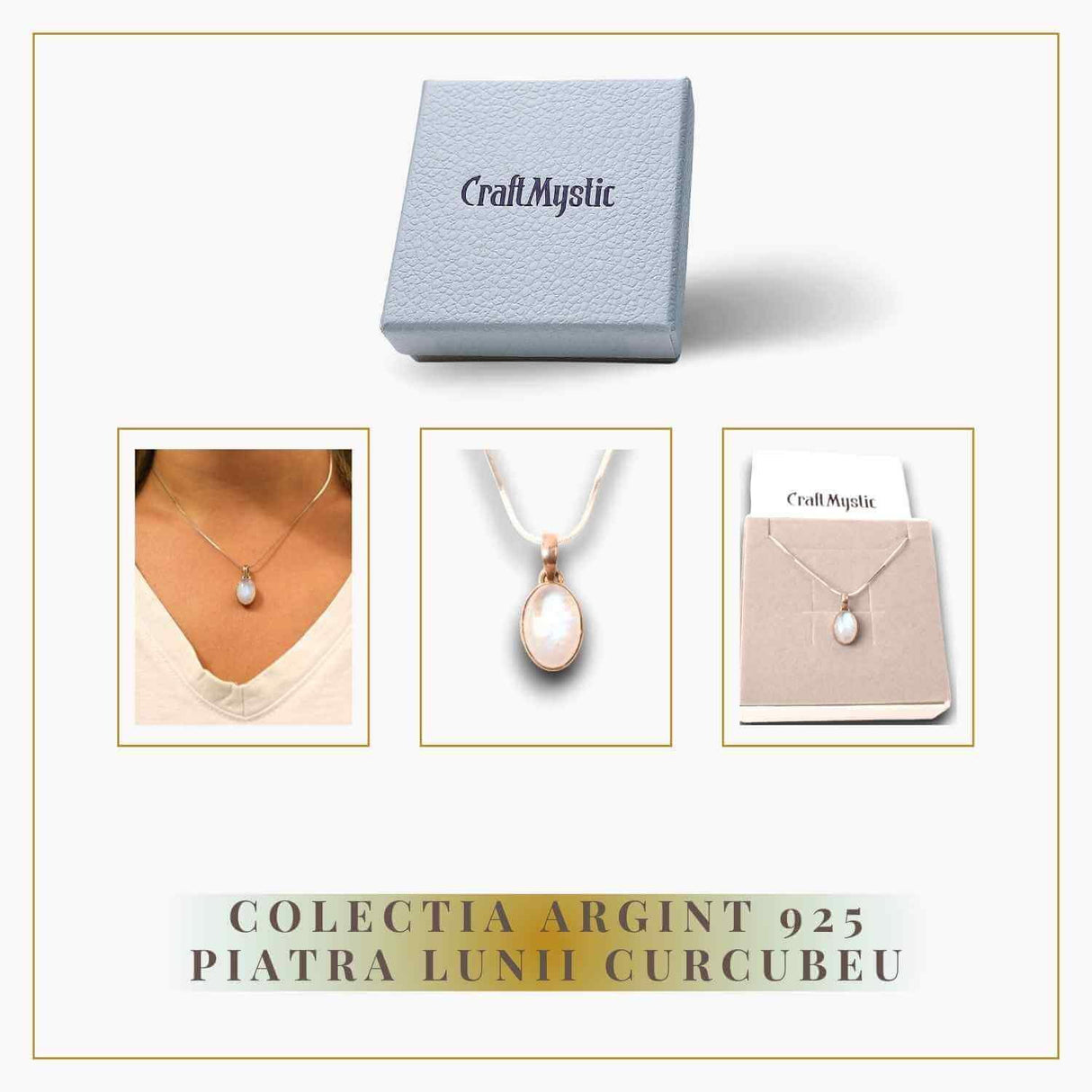 Colier argint 925 cu piatra Lunii Curcubeu ovala, protectie si echilibru